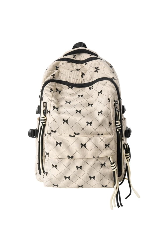 Bow Backpack for Women Cute Coquette Backpack with Bow Fashion Corduroy Bookbag Diamond Pattern Rucksack(White)