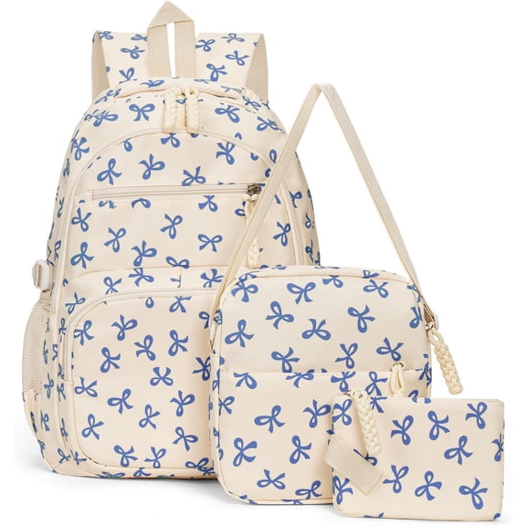 Bow Backpack for Women Kawaii Coquette Nylon Backpack 3Pcs Set Cute College Laptop Rucksack Fashion Travel Daypack (White Pink)