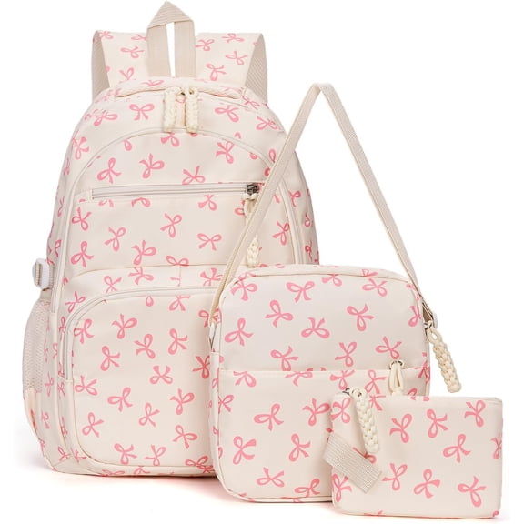 Bow Backpack for Women Kawaii Coquette Nylon Backpack 3Pcs Set Cute College Laptop Rucksack Fashion Travel Daypack (White Pink)