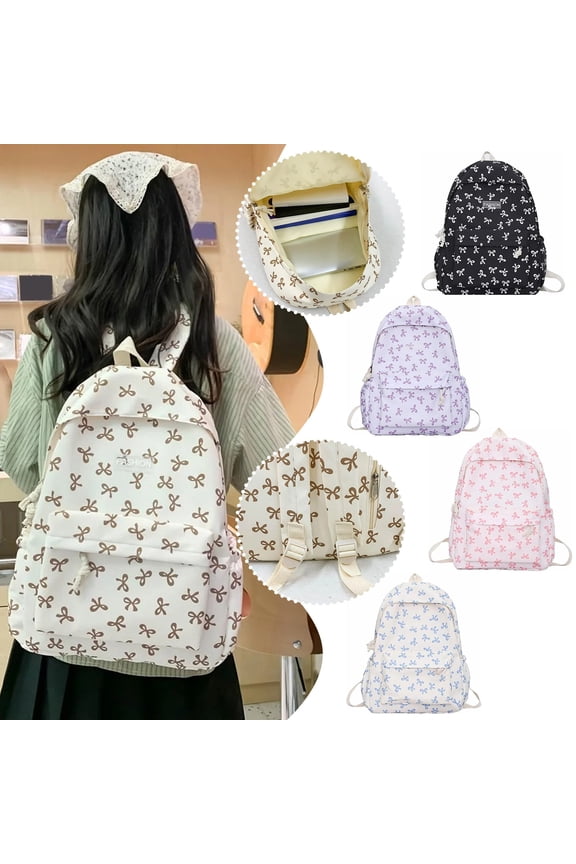Bow Backpack for Women Laptop Backpack College Bookbags Fashion Casual Bow Printed Travel Work Back Pack White 11.2 In