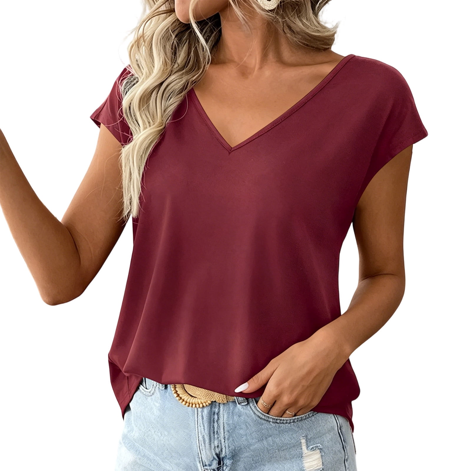 Bow Basic Top for Women Solid V-Neck Short Sleeve Blouse Summer Casual ...