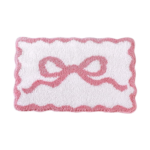 Bow Bathroom Rug, 16x24 Inch Non- Scalloped Bow Bath Mat, Absorbent Microfiber Shower Carpet, Cute Room Decor for Bathtub, Girls' Bedroom & Bathroom
