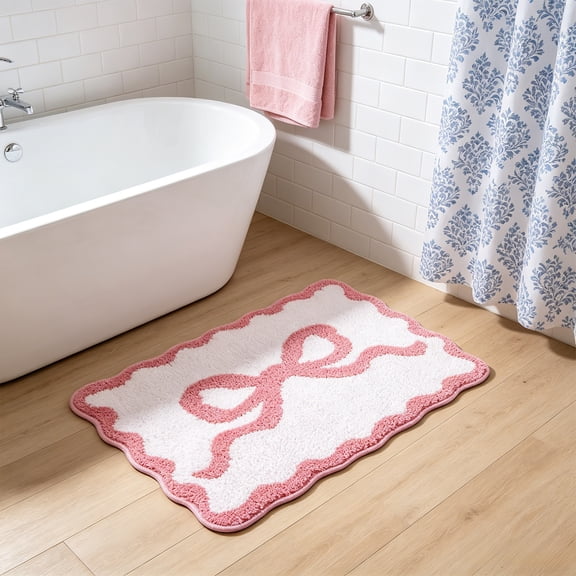 Bow Bathroom Rugs - Soft Fluffy Tufted Bath Mat with Scalloped Edges, Non-Slip Bath Mats for Bathroom, Cute Washable Rug for Tub, Shower, Bedroom,16" x 24"(Pink)