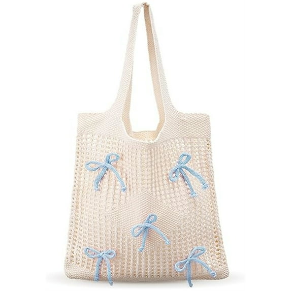 Bow Beach Bag,Topboutique Bow Tote Bag,Bow Crochet Handbags,Crochet Hollow Out Shoulder Tote Bag,Casual Knitted Totes Handbags for Girls Summer Beach Shopping,1 Pc Blue,Topboutique