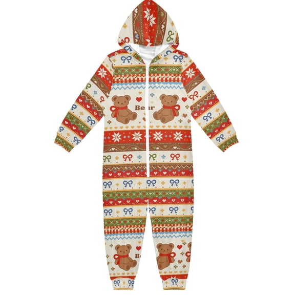 Bow Bear Boys & Girls Hooded One-Piece Pajamas Warm Crystal velvet Hooded Long Sleeve Loungewear Jumpsuit Unisex