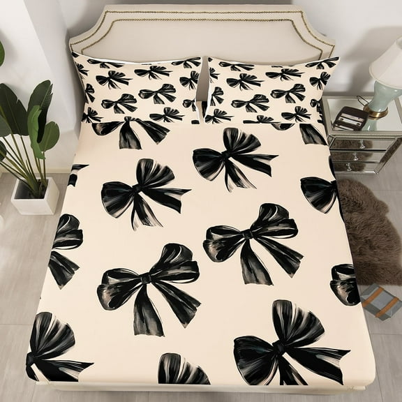 Bow Bedding Set Queen Black Bow Tie Bed Sheets Teen Adults Room Decor,Watercolor Bowknot Fitted Sheet Black White Simple Decor Sheets 2 Pillow Cases(No Top Sheet)