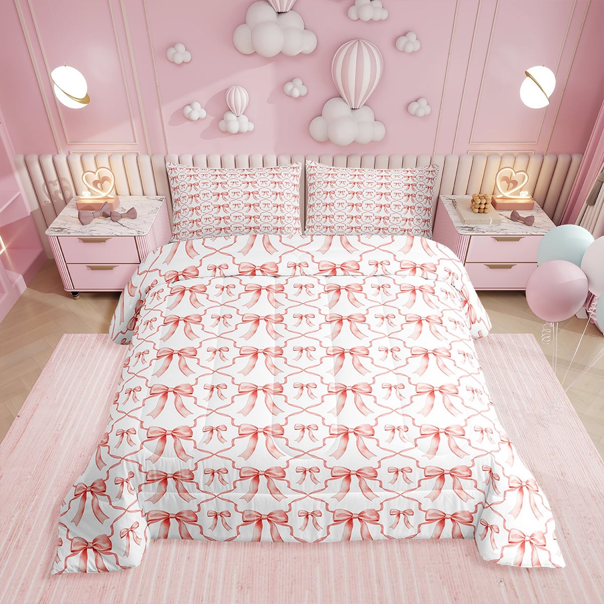 Erosebridal 7-Piece Pink Bow Princess Twin Bedding Set - Comforter, Sheets, Pillowcases & Throw Pillows