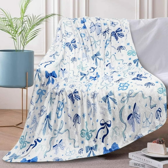 Bow Blanket Soft Cozy Lightweight Throw Blanket for Couch Sofa Bed Living Room Home Blue Decor for Boys Girls Kids Adults Gift 50x60 inch
