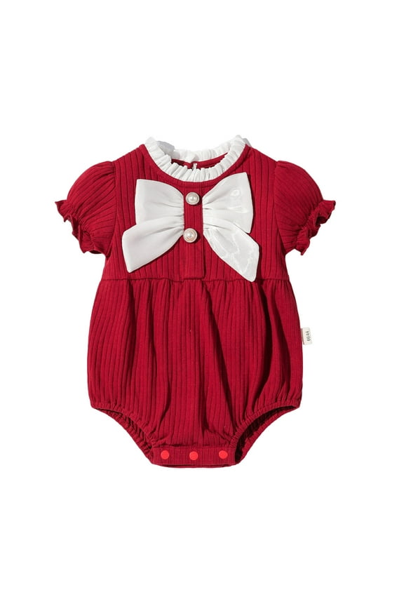 Bow Bodysuit Baby Girls Short Sleeve Bubble Bodysuit Newborn Summer Outfits Ribbed Cotton Rompers Onesies, Red, 3 Months