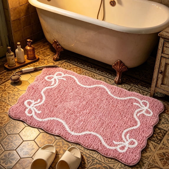 Bow Border Bathroom Rug, Wavy Edge Fluffy Absorbent Floor Mat, Cute Coquette Decorative Non Slip Doormat for Shower, Bedroom Vanity Home Decor pink