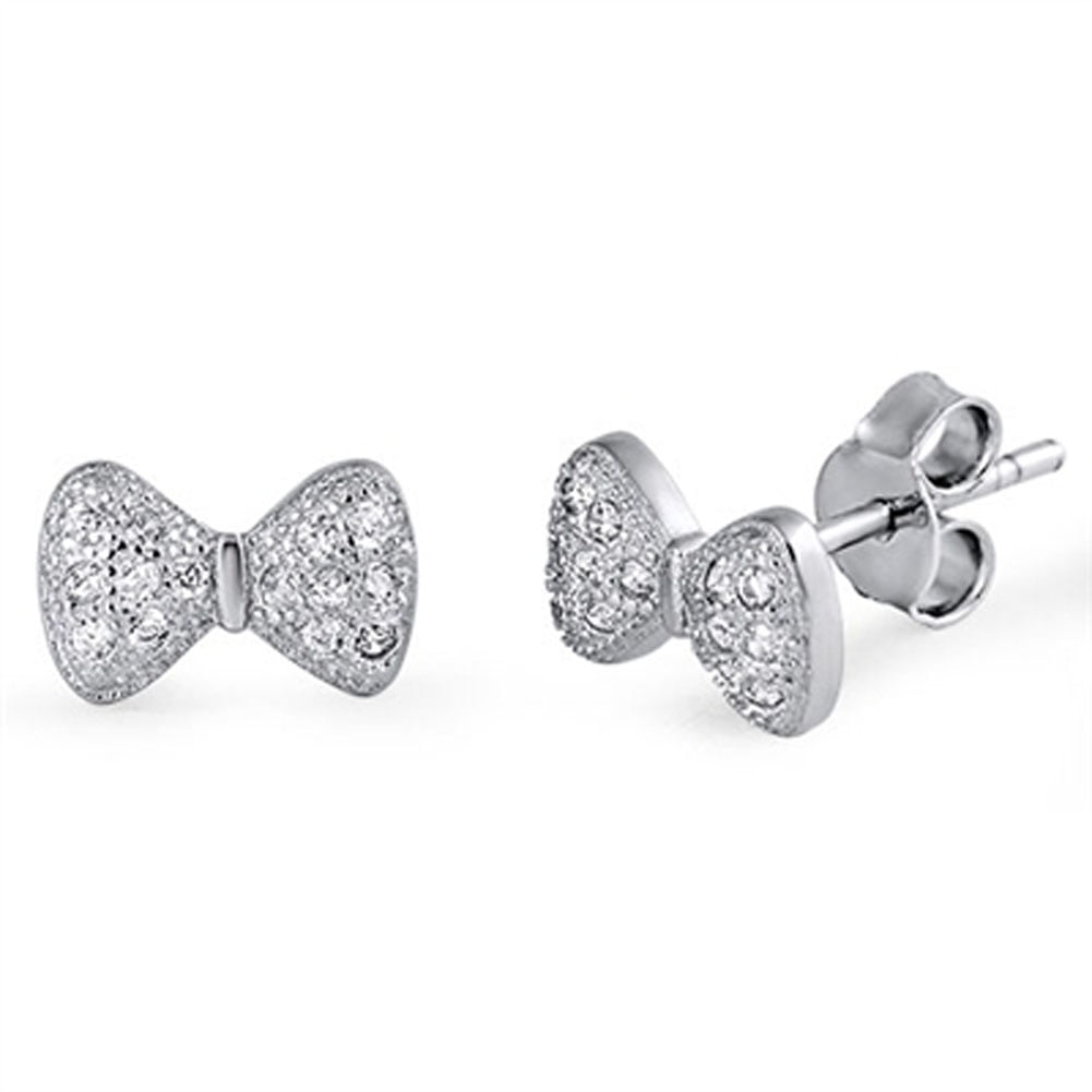 Bow Bowtie Earrings Clear Cubic Zirconia .925 Sterling Silver Jewelry Female Unisex