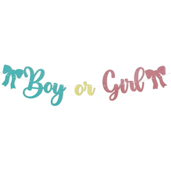 Bow Boy or Girl Banner - Coquette Baby Shower/Gender Reveal Party Decorations, He or She Banner, Welcome Baby Boy/Girl, Baby Shower Party Decorations Blue Pink Glitter