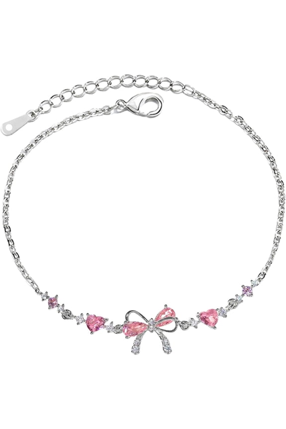 Bow Bracelet Zircon, Elegant Silver Bracelets For Women, Adjustable Ribbon Beaded Chain, Friendship Gift For Girlfriend, Wife, Sister, Wedding, Christmas Jewelry