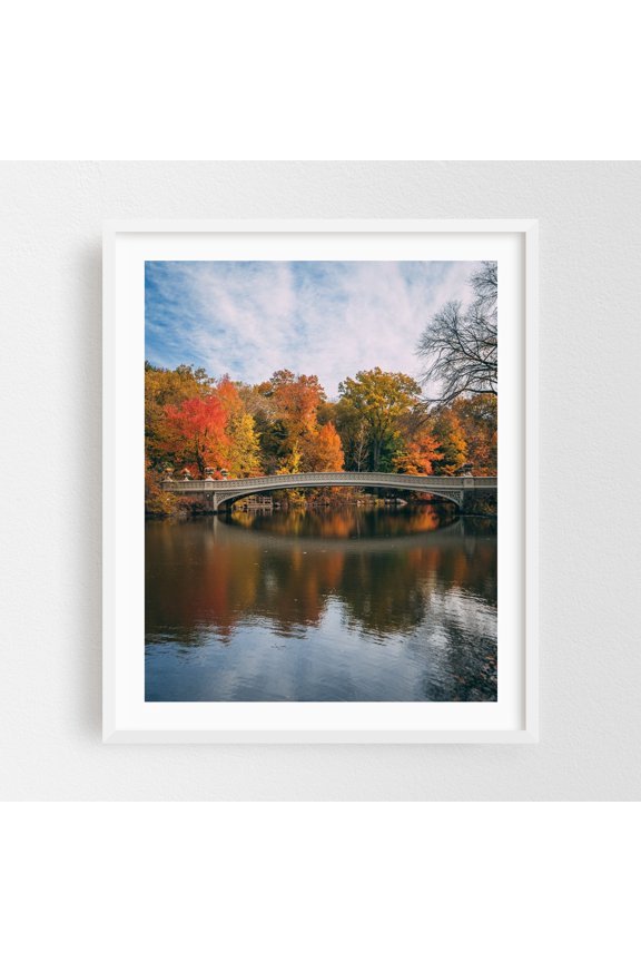 Bow Bridge Autumn 06 - Manhattan New York Photography Autumn Bridge Landscape Scenic Nature Water Architecture White Framed Wall Art Print 6 x 8 inches