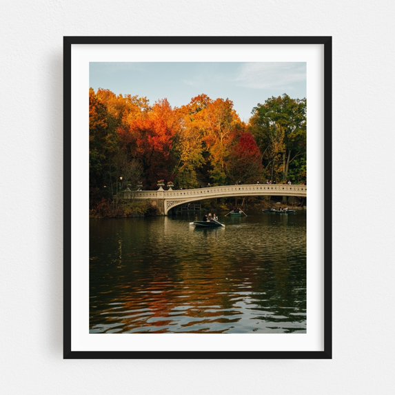 Bow Bridge in Autumn, Central Park - Manhattan New York Photography Autumn Bridge Boat Scenic Nature Landscape Black Framed Wall Art Print 11 x 14 inches
