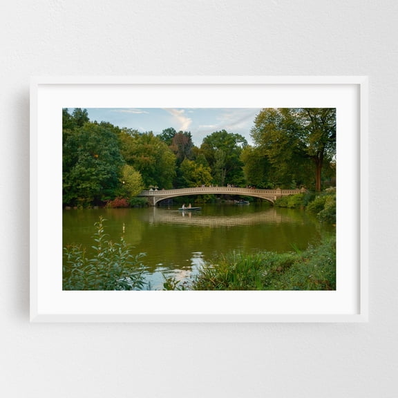 Bow Bridge, Central Park - Manhattan New York Photography Bridge Boat Scenic Nature Water Autumn Landscape White Framed Wall Art Print 12 x 18 inches