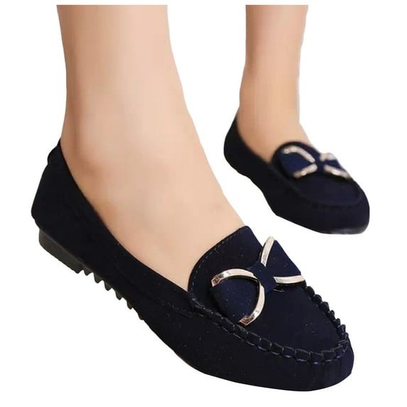 Bow Buckle Slip on Penny Loafers Boat Shoes for Women Suede Fall Casual Oxfords Low Heels Dress Ballet Flats