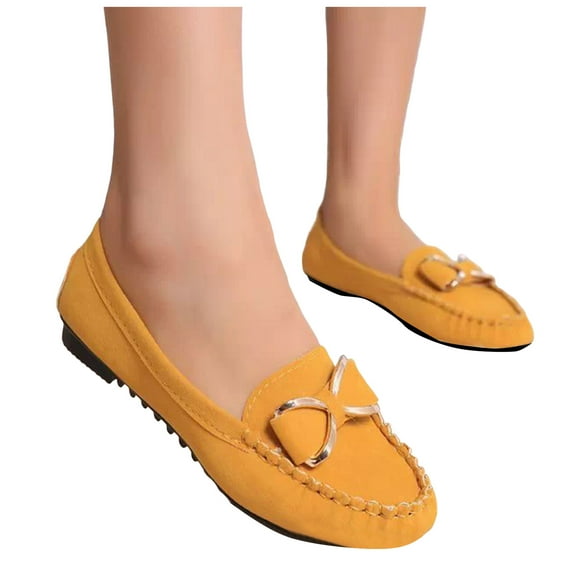Bow Buckle Slip on Penny Loafers Boat Shoes for Women Suede Fall Casual Oxfords Low Heels Dress Ballet Flats