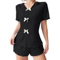 thumbnail image 1 of Bow Button Up Pajamas Set for Women Short Sleeve Ribbed Knit Sleepwear 2 Piece Pjs Shorts Set Black, 1 of 6