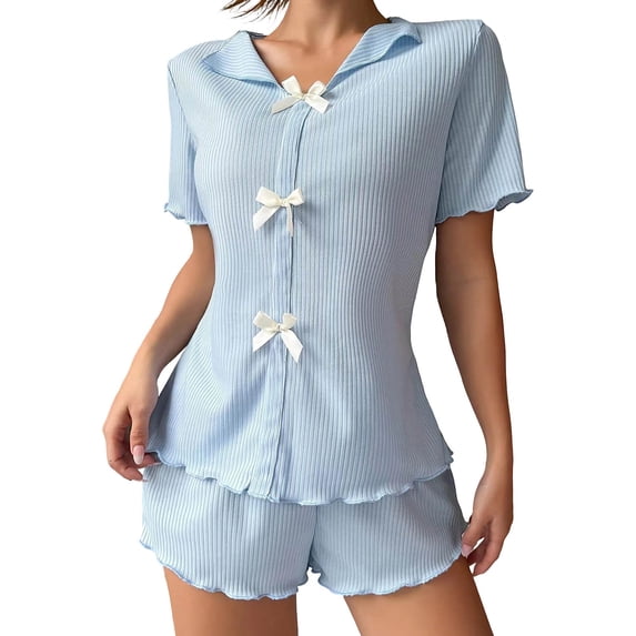Bow Button Up Pajamas Set for Women Short Sleeve Ribbed Knit Sleepwear 2 Piece Pjs Shorts Set Sky Blue