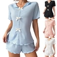 thumbnail image 1 of Bow Button Up Pajamas Set for Women Short Sleeve Ribbed Knit Sleepwear 2 Piece Pjs Shorts Set White, 1 of 6