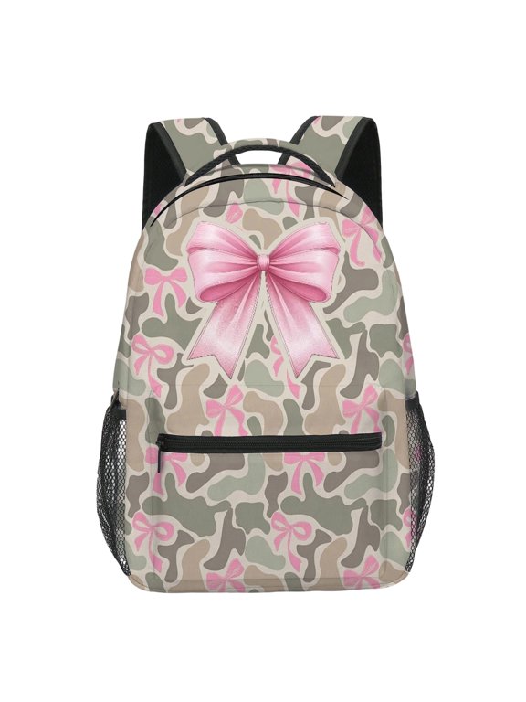Bow Camo Backpack for Teen Girls 17 Inch Large Capacity School Bookbag Pink Camo Print Laptop Bag with Adjustable Straps for Elementary Middle School Students
