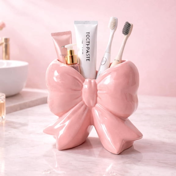 Bow Ceramic Storage Holder, Cute Bow Toothbrush Holder, Multi-Purpose Makeup Brush Organizer for Bathroom Vanity Desk Decor