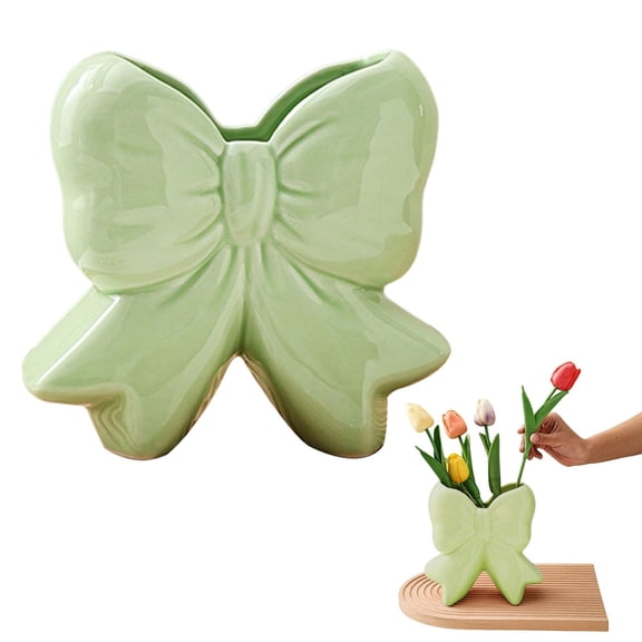 Bow Ceramic Vase Contemporary Design Decorative Pink Bow Decor Vase Pen Holder Makeup Brush Holder Women Gift for Valentine's Day Home Office Shelf Table Living Room, 5"×5"