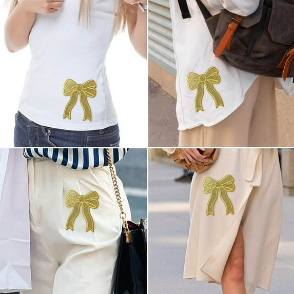 Bow Chenille Iron on Patches, Gold Edges Sweatshirts Side Bow Embroidered Patch, Cute Applique DIY Decorative Accessories, Applique Sew Fabric Patches, for Clothes Backpacks Jackets Hats