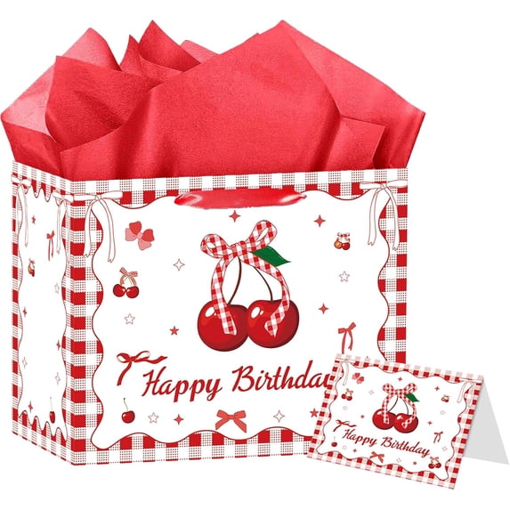Bow Cherry Birthday Gift Bag, Large Happy Birthday Gift Bag, with Card and Tissue Paper, Cherry Themed Party Favors Supplies for Children, Adults, Teens, Girls Bday Celebration Decor