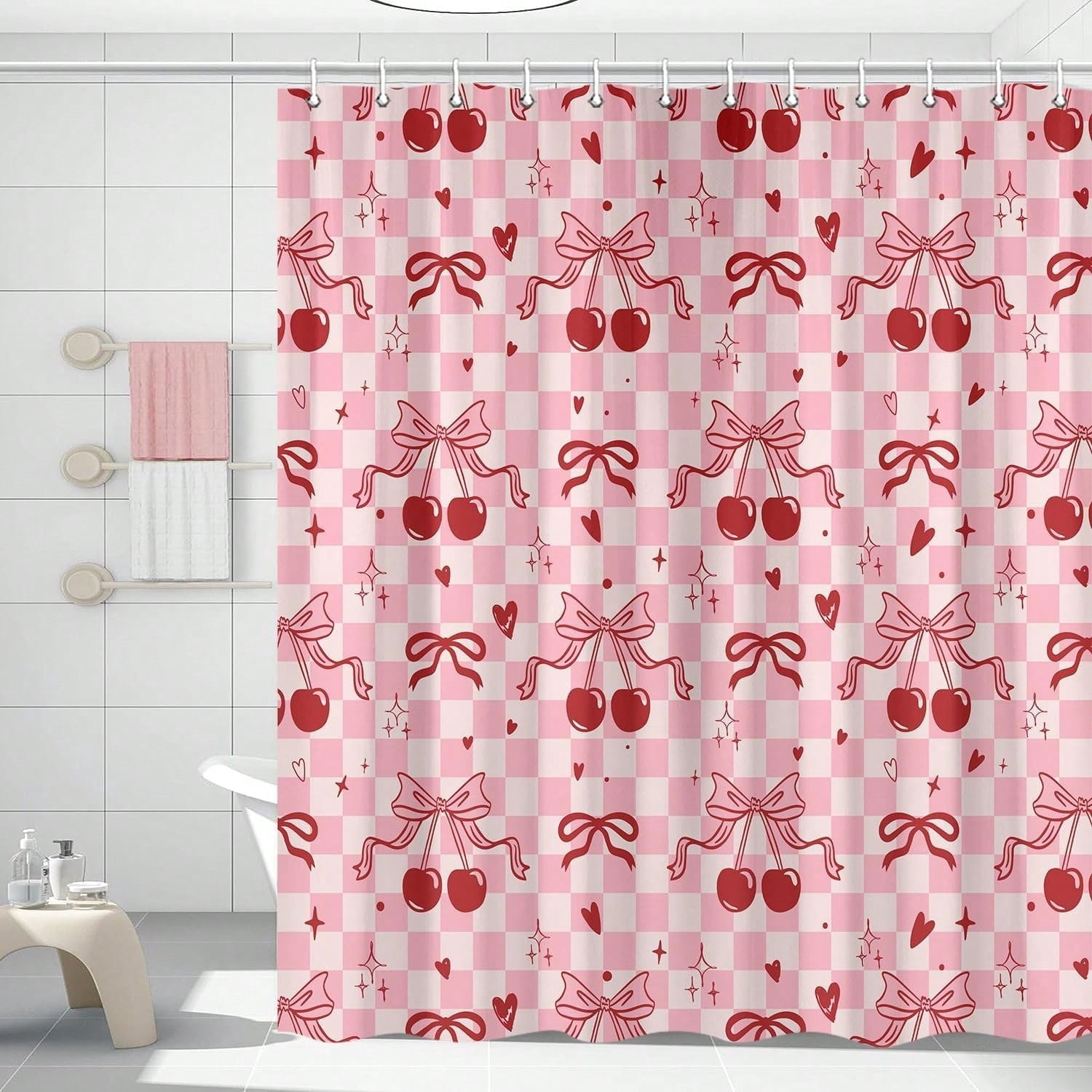 Bow Cherry Shower Curtain Pink Bathroom Shower Curtain Valentines Day