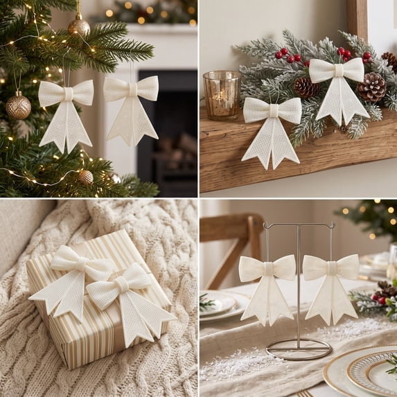 Bow Christmas Tree Ornament Hanging Pendant for Holiday Party, Home Window, Door and Gift Box Decor, 2‑Pack, White