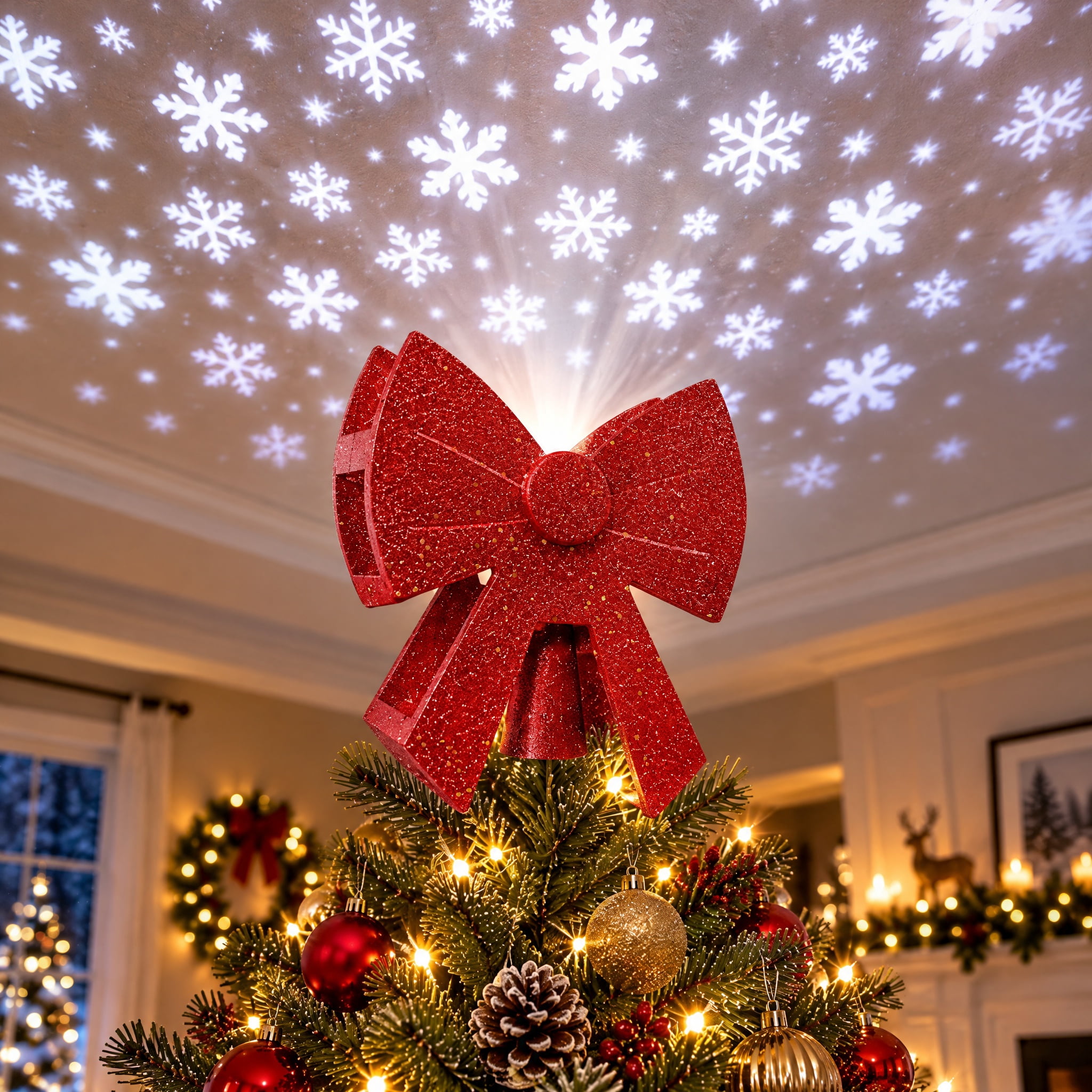 ANLTDTC Bow Christmas Tree Topper Traditional LED Projector Light with ...