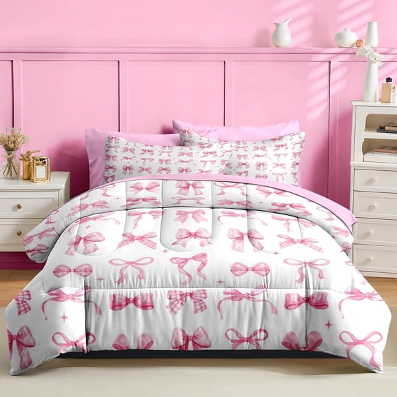 Bow Comforter Set Twin Size, 5 Pieces Bed in a Bag, Pink Bow Bedding Set for Girls