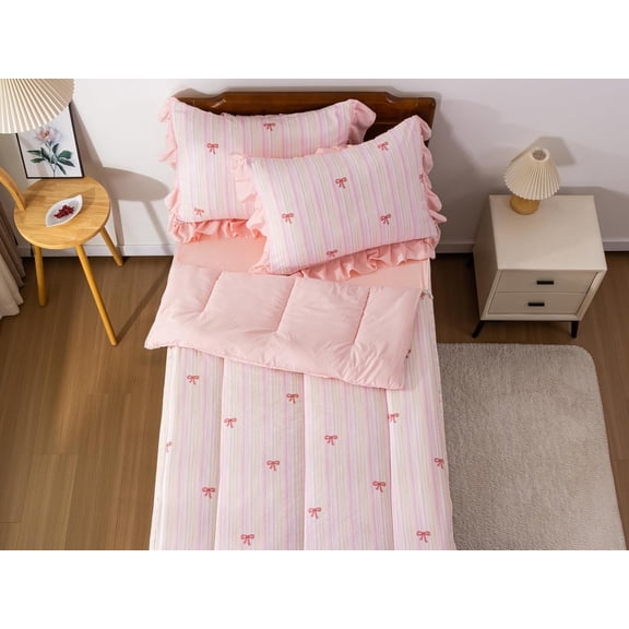 Bow Comforter Set Zipper Bedding Set for Girls, Twin Kids Bedding Set Bowknot Comforter Set, All in one Zipper Bedding (Pink-Colorful, Twin)