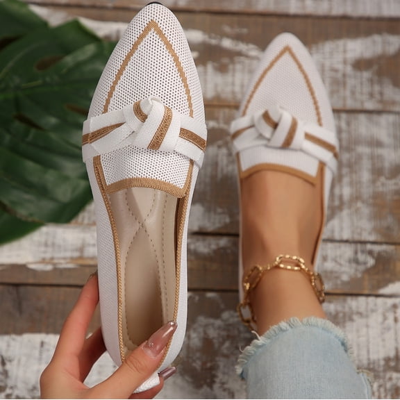 Bow Contrast Trim Point Toe Slip-On Loafers for Women