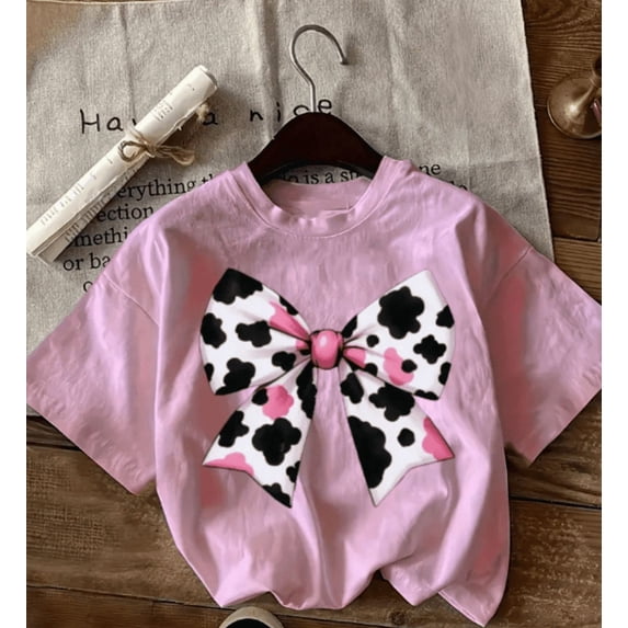 Bow Cow The Parent Child Interaction Is So Fun! Spring And Summer Girls T Shirt, Fun Pattern, Soft Fabric Loose To Fit Outdoors