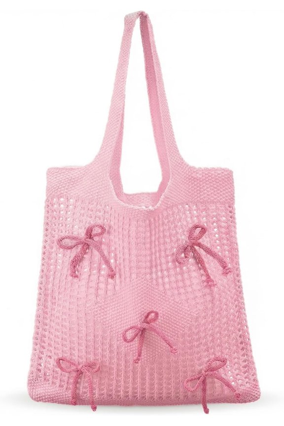 Bow Crochet Tote Bag for Women Preppy Mesh Knitted Bag for Beach Travel Stylish Boho Handbag