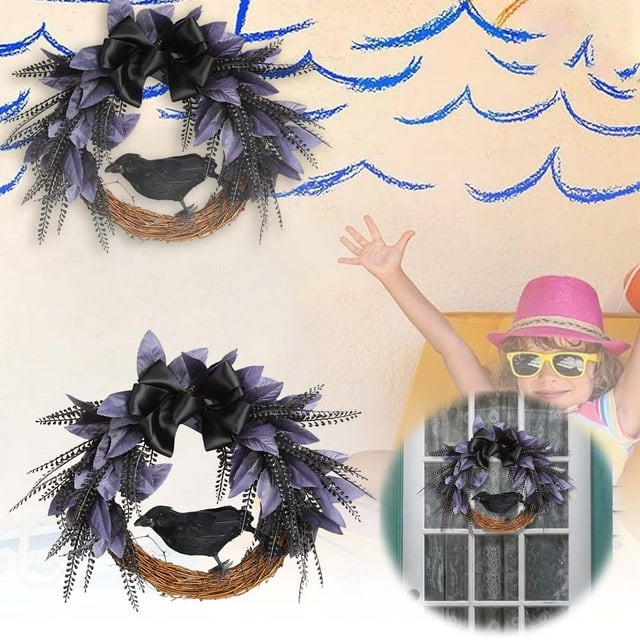 Bow Crow Wreath Door Hanging Front Door Wall Rattan Circle Wreath