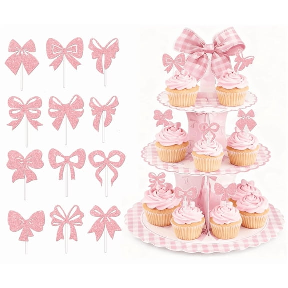Bow Cupcake Stand，3 Tier Pink Cake Stand and 12pcs Bows Cupcake Toppers Bowknot Theme Cardboard Cupcake Display Stand Dessert Tower, Baby Shower Birthday Party Christmas Decorations Supplies
