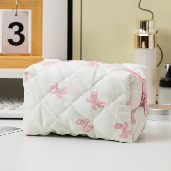 Bow Cute Cotton Makeup Bag Women's Cosmetic Bag Portable Toiletry Organizer Zipper Case Makeup Storage Pouch