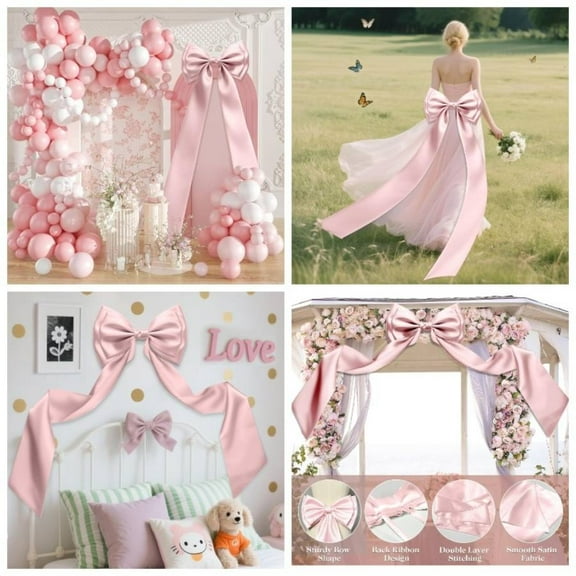 Bow Decoration, Big Bow Backdrop with Back Ribbon 83x20 Inches, Satin Large Bows Decoration, Coquette Bows Decor Birthday Party Room Wedding Shower Church Nursery Pink