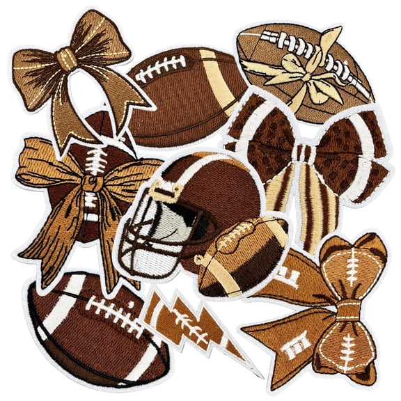 Bow Design Football Patches, 9pcs Rugby Sport Embroidered Applique for DIY Clothes Bag Jeans, Iron On Sew On, Brown
