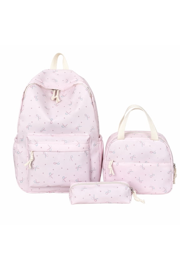 Bow Detail Nylon Bookbag Bundle, 3 Pack Multi-Pocket Daypack Set with Lunch Tote for Daily Commute (Pink)