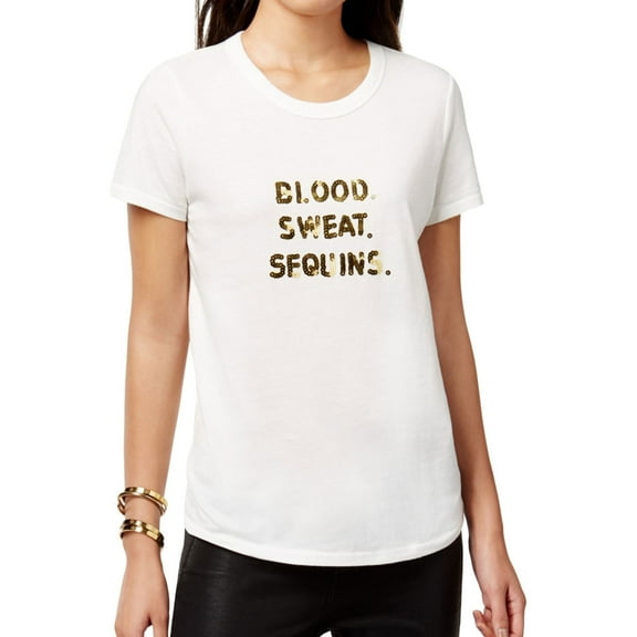 Bow & Drape Womens Sequin Graphic T-Shirt, White, Juniors, Medium