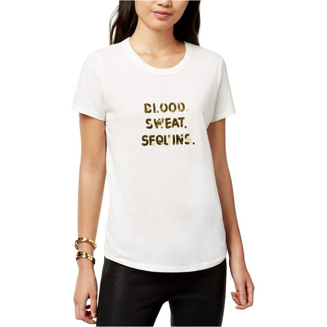Bow & Drape Womens Sequin Graphic T-Shirt, White, Medium