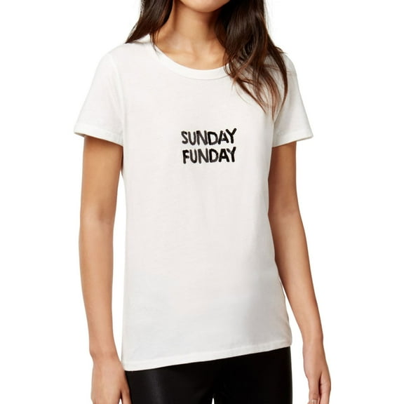 Bow & Drape Womens Sunday Funday Sequined Embellished T-Shirt, White, Juniors, Medium