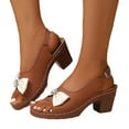 thumbnail image 1 of Bow Dressy Sandals for Women Brown 2025 Summer Fashion Leather Pearl Peep Toe Chunky High Heel Dress Sandals, 1 of 8