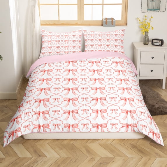 Bow Duvet Cover 3 Pcs,Kawaii Pink Bow Full Bedding Set Room Decor,Cute Princess Bowknot Comforter Cover,Watercolor Bow Tie Bedspread Cover Zipper 3 Pcs