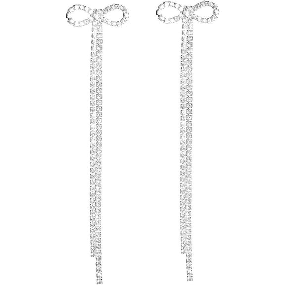 Bow Earrings For Women Rhinestone Long Tassel Earrings Ribbon Bow Drop Earring Silver Stainless Steel Dangle Earrings Cute Sparkly Jewelry[Z1977]